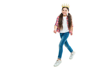 childhood of girl in crown walk isolated on white, copy space. childhood of girl in crown in studio