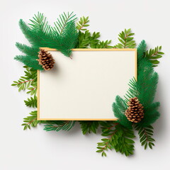 Christmas tree branches and paper card note frame on white background  Generative AI