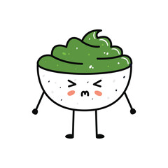 Kawaii sushi mascot in cartoon style. Cute wasabi bowl for menu