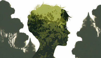 woman in double exposure with nature, environmental care concept, sustainable development, digital illustration