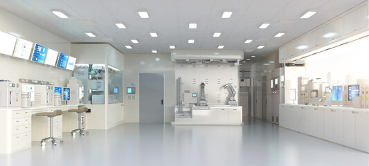 White futuristic laboratory interior in semiconductor manufacturing factory