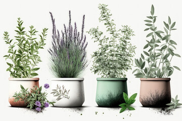 In a pot, combine rosemary, oregano, lavender, sage, and thyme. Fresh herbs in pots are shown in a creative layout on a white background. blooming banner. design component. Concept of alternative medi