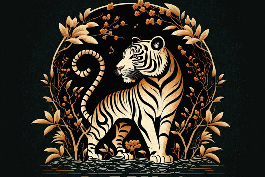Happy Year of the Tiger, or Chinese New Year, 2022. Tiger in Chinese characters. Zodiac sign for greeting cards, posters, flyers, calendars, invitations, banners, and screensavers. Generative AI