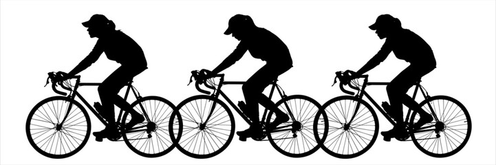 A woman with a hat on her head, and a girl in a cap, sit astride a bicycle. A group of cyclists on bikes. Bicycle. Ride a bicycle. Side view, profile. Three black female silhouettes isolated on white