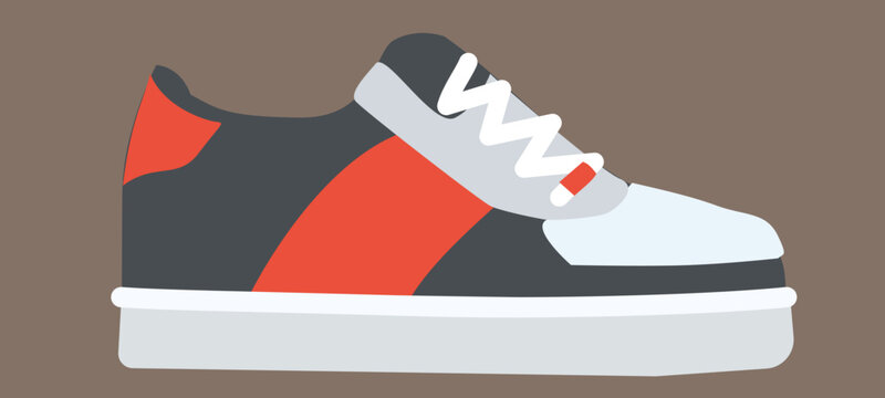 gray sneaker with red stripe and white laces