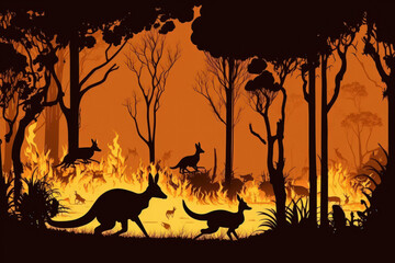 Australian Forest Bushfire Many kangaroos and other animals running away from danger while evacuating, silhouette ruined. Generative AI
