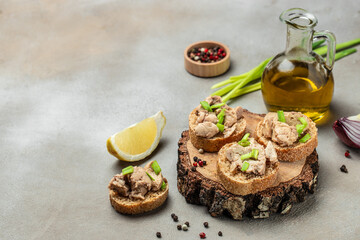 Healthy cod liver on whole grain bread. Health care concept. Natural source of omega 3. banner, menu, recipe place for text, top view