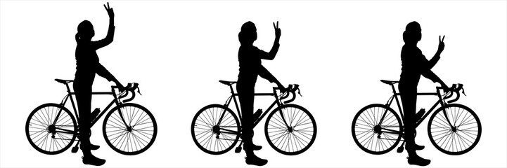 Fototapeta na wymiar The women hold a bicycle with one hand, and show a victory sign. Side view, profile. Black silhouette isolated on white. The girls stand near the bike, their hands show the gesture of 