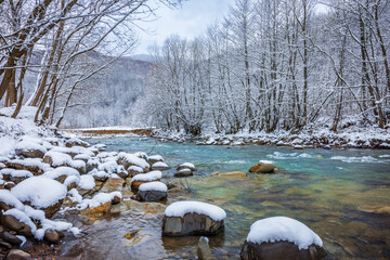 A small blue river flows through a snowy forest