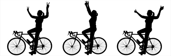 Obraz premium The girl raised her hands in joy. Success in sports. Side view, profile. Girls on bicycles. Cycling victory. First at the finish line. Women compete in cycling. Three black female silhouettes isolated
