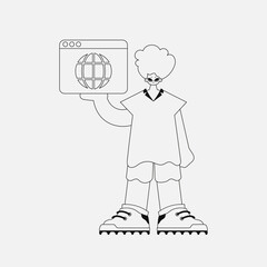 A unique man holds a browser window in his hands. Black and white style.