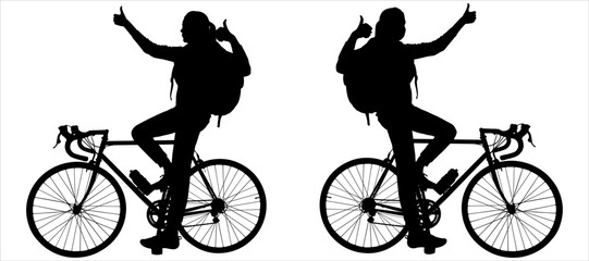 Obraz premium Two women with large tourist backpacks on their backs are sitting on a bicycle, showing a 