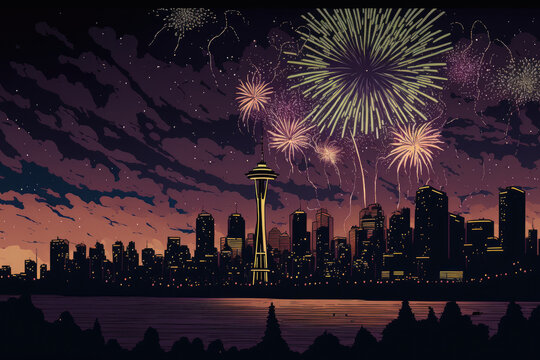 fireworks, and the skyline of Seattle. Generative AI