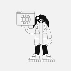 Charming woman holds a browser window in her hands. Black and white style.