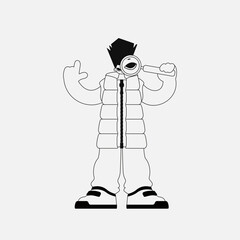 Charming man holding a magnifying glass, magnifier. Linear black and white style.