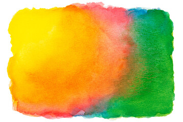 Cutout blue, green, pink, orange, red and yellow watercolor paint on paper design element.