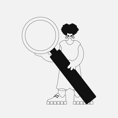 Charming woman holds in her hands a magnifying glass, magnifier. Newspaper black and white style.