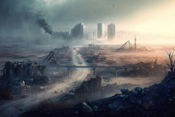 Fototapeta na wymiar Death City shrouded in mist. View from above of the demolished city. Apocalyptic idea. Generative AI