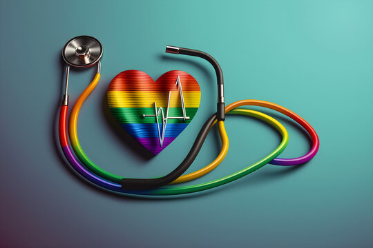 Same sex marriage concept, sex change operation or gender equality in hospital illustration using stethoscope on rainbow lgbt background. Generative AI