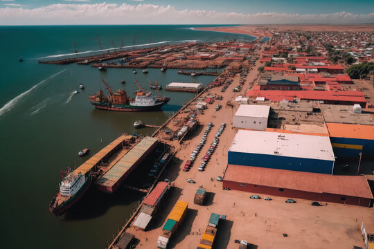 Aerial panorama drone footage shows the Paita port in Piura, Peru. Generative AI