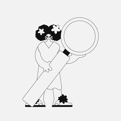 A unique woman holds in her hands a magnifying glass, a loupe. Newspaper black and white style.