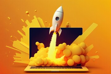 Rocket coming out of laptop screen on yellow background. Generative AI