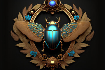 decorative border piece with a winged scarab beetle from Egypt, blue gemstones, and flowery decorations. alone against a dark backdrop. Generative AI - obrazy, fototapety, plakaty