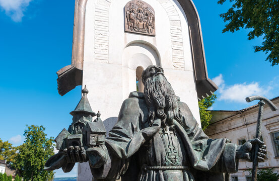 Kalyazin, Russia - August 17, 2020: View of monument to St. Macarius, Abbot of Kalyazinsky close up.