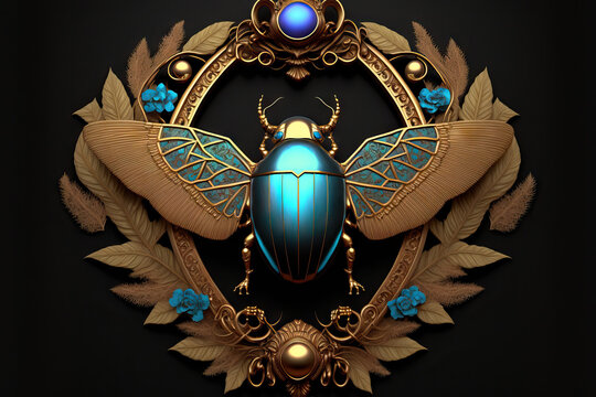 decorative border piece with a winged scarab beetle from Egypt, blue gemstones, and flowery decorations. alone against a dark backdrop. Generative AI
