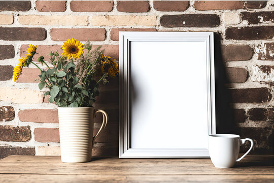 Modern art in a vertical template frame mockup on a wooden table with a rustic old brick wall and decorations including a coffee cup, a wooden camera, and a bright flower in a little tin can