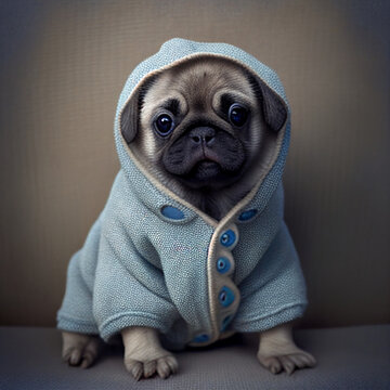pug in blue baby clothes