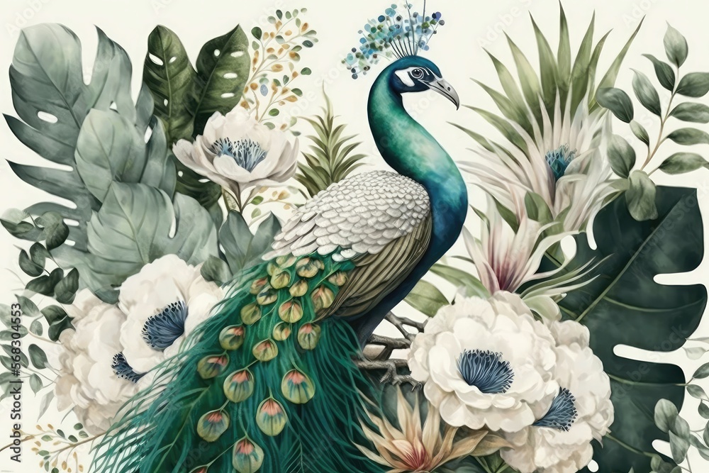 Wall mural Watercolor painting tropical palm leaf branches and flowers with a white peacock bird. Generative AI