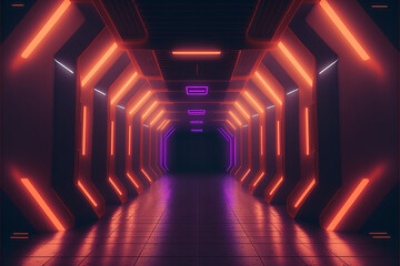 Neon, glowing, purple, orange, cyber, retro, Sci fi, futuristic, Concrete, Glossy, Grunge, tunnel, underground, corridor, hallway, basement, hangar, showcase, showroom, made with Generative AI