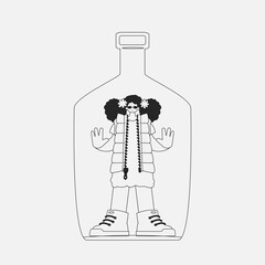 Alcohol addiction. beautiful woman is in the bottle. Newspaper black and white style.