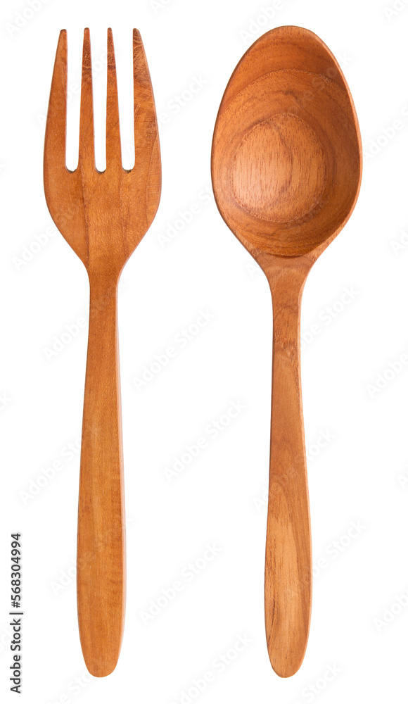 Wall mural Top view of Wooden fork spoon isolated on white background.