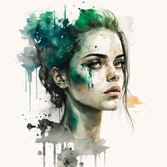 Watercolor Portrait of A Girl, Drips, White Background, made with Generative AI