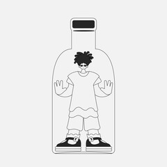 Alcohol addiction. the inspiring man is in the bottle. Linear black and white style.
