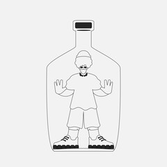 Alcohol addiction. the inspiring man is in the bottle. Newspaper black and white style.