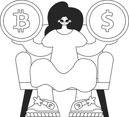 Charming woman holds a coin of bitcoin and dollar in her hands. Newspaper black and white style.
