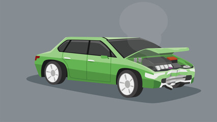 Accident picture of a passenger car. Bonnet was opened and the front was severely damaged. With smoke coming out from engine the front.