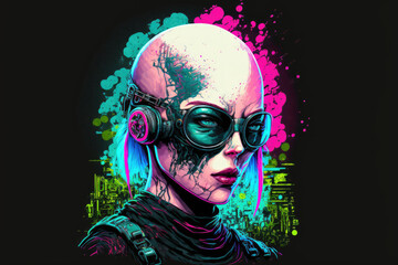 Portrait of a young, bald cyberpunk girl wearing a scary, protective mask with glowing blue teeth, cyber implants, and artificial green eyes. with a pink background. Generative AI