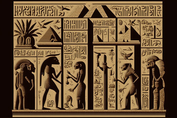 Ancient Egyptian hieroglyphs carved into a stone wall in Luxor, Egypt's Karnak Temple. Generative AI