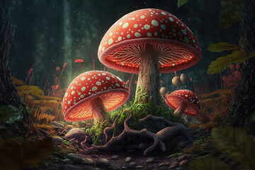 Fototapeta na wymiar In a clearing in the woods, fly agaric mushrooms flourish. Wonderful magic mushrooms in a shadowy jungle. A wonderful wonderland setting for the story Alice in Wonderland. Generative AI