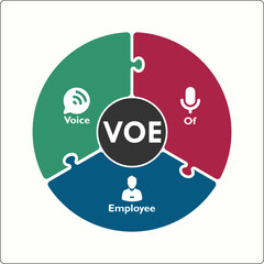 VOE - Voice of Employee Acronym. Infographic template with Icons and description placeholder