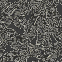 Leaves Seamless Pattern. Abstract Lines Banana Leaves Background. Floral Wallpaper. Botanical Design for Prints, Surface, Home Decoration, Fabric. Vector Illustration. 