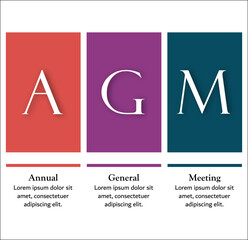 AGM - Annual General Meeting Acronym. Infographic template with icons and description placeholder
