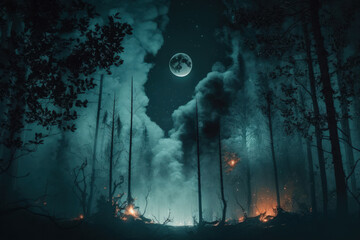 Obraz premium gloomy, dark forest. evening in the woods. Moonlight and a forest in a natural setting. View of the forest, the outdoors, and smoke and haze at night. Generative AI
