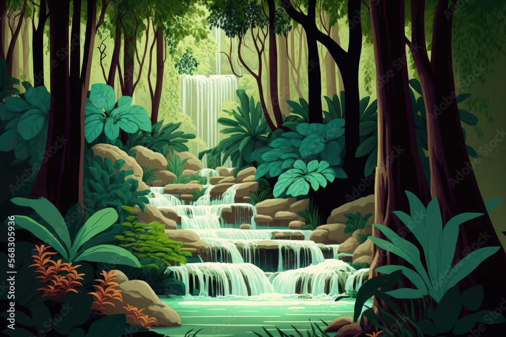 Wall mural Thailand's Huay Mae Khamin Tropical Forest in Waterfall. Generative AI