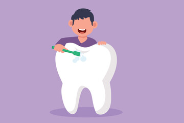 Cartoon flat style drawing little boy brushing giant teeth with toothbrush. Dental clinic, dentistry hospital, oral care center. Healthy teeth campaign for children. Graphic design vector illustration