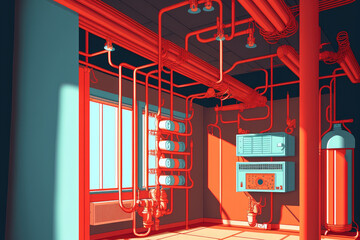 Automatic fire sprinkler safety system and red water supply pipe. Fire Suppression. Fire protection and detector. Fire sprinkler system with red pipe hanging from ceiling inside building. Wiring tube - obrazy, fototapety, plakaty